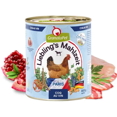 GranataPet Liebling's Mahlzeit Coq au Vin, Paris. консервирана храна с пиле, нар и зеленчуци, 800g нето. Произведено в Германия.