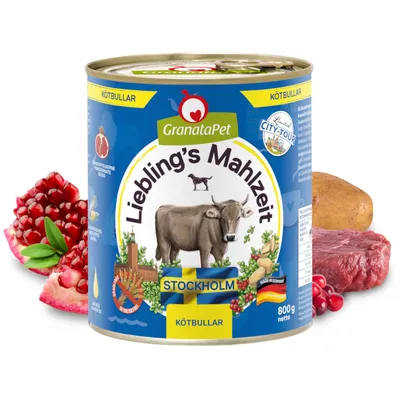GranataPet Liebling's Mahlzeit Stockholm Köttbullar, консерва 800g. Съставки: семена от нар, картофи, говеждо месо. Произведено в Германия. Без зърнени храни.