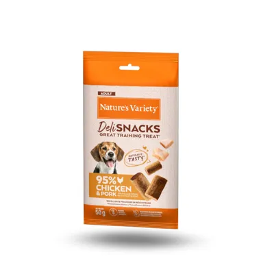 Nature's Variety Deli Snacks Great Training Treat, 95% Chicken & Pork, 50g. Natürlich lecker, ideal als Belohnung für Erwachsene Hunde.