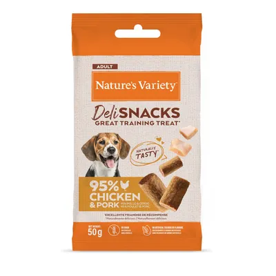 Nature's Variety Deli Snacks, ideaal als trainingssnack, 95% kip & varkensvlees, natuurlijk lekker, gewicht: 50g, zonder granen en kunstmatige kleurstoffen.