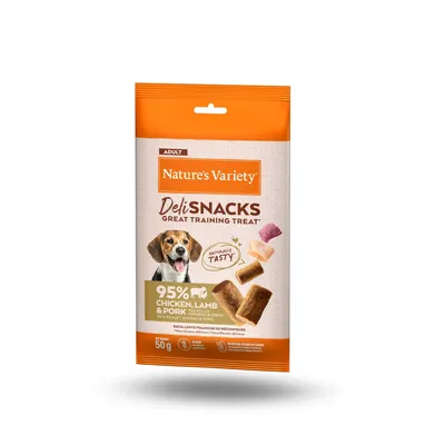 Nature's Variety Deli Snacks Great Training Treat, 95% Chicken, Lamb & Pork, natürlich lecker, für Erwachsene, Packungsgrösse 50g.