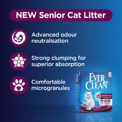 New senior cat litter with advanced odour neutralisation, strong clumping for superior absorption, and comfortable microgranules. Product packaging shown on the right.