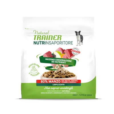 Natural Trainer NUTRINSAPORITORE 80% manzo, 20% fruita, verdura, vitamines et minéraux. Liofilisé. Massima conservazione dei nutrienti. Sans colorants, conservateurs ni sucres ajoutés.