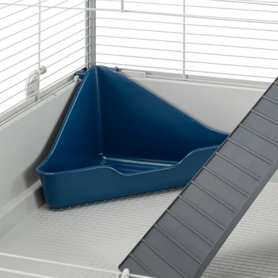 Bac d’angle en plastique bleu pour rongeur, placé dans un coin de cage avec grille métallique et rampe en plastique gris visible au premier plan.