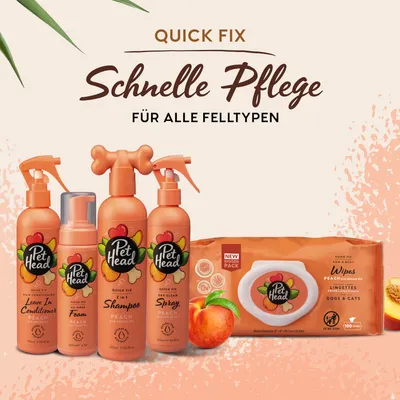 Pet Head Quick Fix Pflegeprodukte für alle Felltypen: Leave-In Conditioner, Foam, 2-in-1 Shampoo, Spray und Wipes mit Pfirsichduft. Für Hunde und Katzen geeignet.