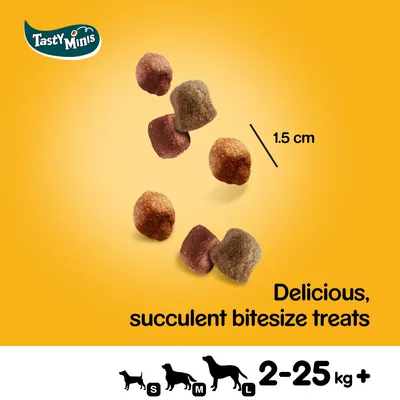 Tasty Minis -herkkuja, koko 1,5 cm. Teksti: Delicious, succulent bitesize treats. Kuvakkeet: koirat S, M, L, paino 2–25 kg+.