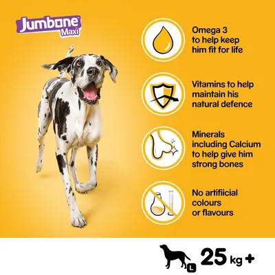 Jumbone Maxi features: Omega 3 for fitness, vitamins for natural defence, minerals including calcium for strong bones, no artificial colours or flavours. For dogs over 25 kg.