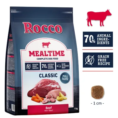 Опаковка Rocco Mealtime Classic Beef 1 кг, суха храна за кучета. Видими текстове: 70% animal ingredients, grain free recipe, rich in fresh beef. Гранула с размер около 1 см.