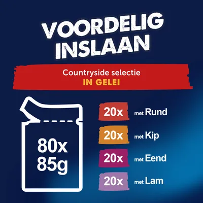 Countryside selectie in gelei: 80x85g, 20x met rund, 20x met kip, 20x met eend, 20x met lam. Countryside selectie in gelei: 80x85g, 20x met rund, 20x met kip, 20x met eend, 20x met lam.
