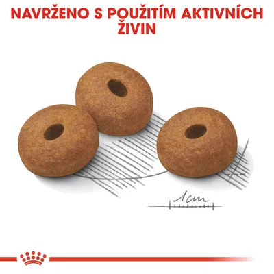 Tři granule s otvorem uprostřed, měřítko 1 cm. Text: NAVRŽENO S POUŽITÍM AKTIVNÍCH ŽIVIN.
