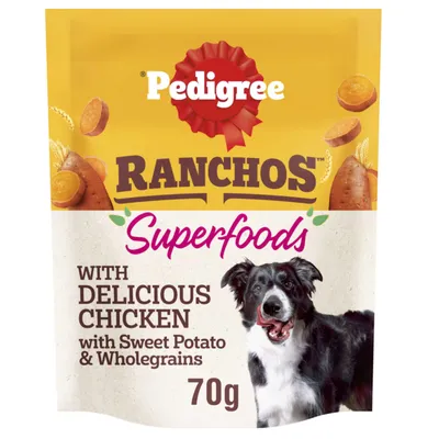 Rancho Superfoods with delicious chicken, sweet potato and wholegrains, 70g pack. Image shows a dog and product ingredients.