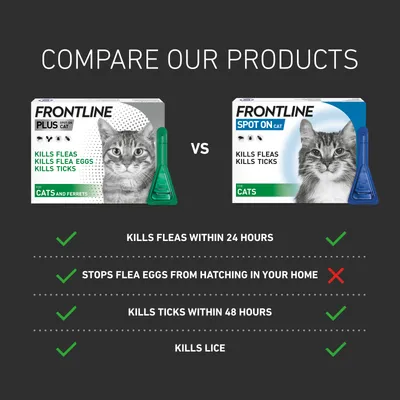 Comparison chart: one product kills fleas within 24 hours, stops flea eggs from hatching, kills ticks within 48 hours, and kills lice. The other does not stop flea eggs from hatching.