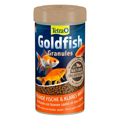 Tetra Goldfish Granulat med naturlige ingredienser, ingen farvestoffer, sunde fisk og klart vand. Flersprogede oplysninger på emballagen. Tetra Goldfish Granulat med naturlige ingredienser, ingen farvestoffer, sunde fisk og klart vand. Flersprogede oplysninger på emballagen.