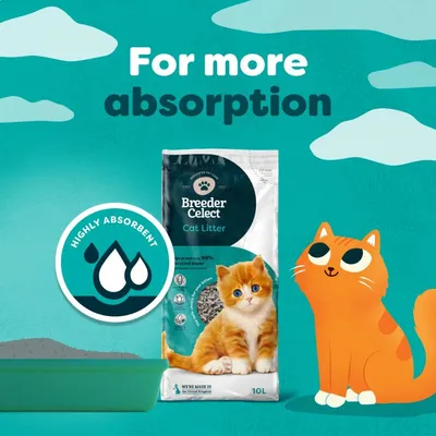 Breeder Celect Cat Litter packaging with text stating 'For more absorption' and a badge reading 'Highly absorbent'.