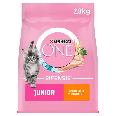 Purina ONE Bifensis Junior, 2,8 kg. Widoczny kot, napis: Ricco in Pollo 1° Ingrediente. Opakowanie różowe.
