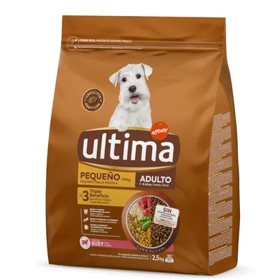 Paquet de croquettes Ultima Affinity pour chien adulte petite taille <10 kg, bœuf, 2,5 kg. Texte visible : Triple Bénéfice, sans colorants ni conservateurs artificiels.
