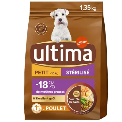 Ultima Petit sterilizzato, 1,35 kg, per cani sotto 10 kg. -18% grassi, controllo del peso, con pollo come ingrediente principale, ottimo gusto.
