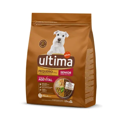 Affinity Ultima PEQUEÑO SENIOR AGE VITAL, piščanec, 1,25 kg. Za pse starejše od 8 let, manj kot 10 kg. Vidna skleda hrane in poudarek na sestavinah. Besedilo v španščini.
