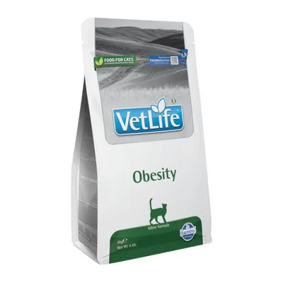 Sac de croquettes VetLife Obesity pour chats, texte visible : Food for cats, feline formula, Farmina Pet Foods, 2 kg Net Wt 4.4 lb.