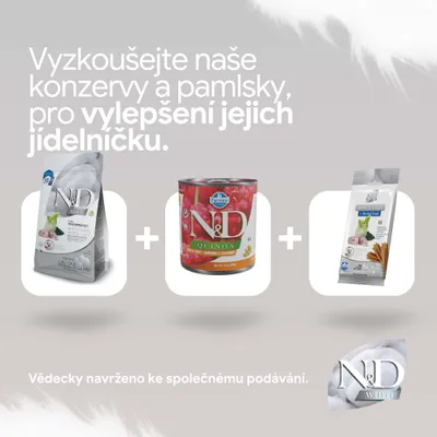 N&D White Coat granule, N&D Quinoa mokré krmivo a N&D White Coat Dental Treat. Vedecky vyvinuté na spoločné kŕmenie. N&D White Coat granule, N&D Quinoa mokré krmivo a N&D White Coat Dental Treat. Vedecky vyvinuté na spoločné kŕmenie.