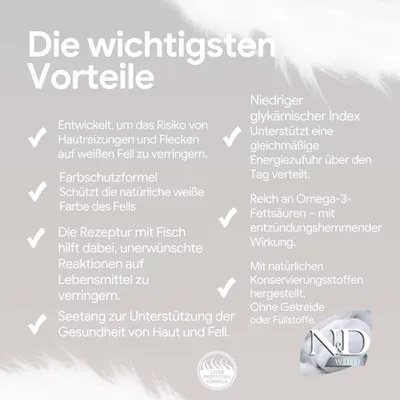 Die wichtigsten Vorteile: Farbschutzformel, Rezeptur mit Fisch, Seetang für Haut und Fell, niedriger glykämischer Index, Omega-3-Fettsäuren, natürliche Konservierungsstoffe, ohne Getreide.