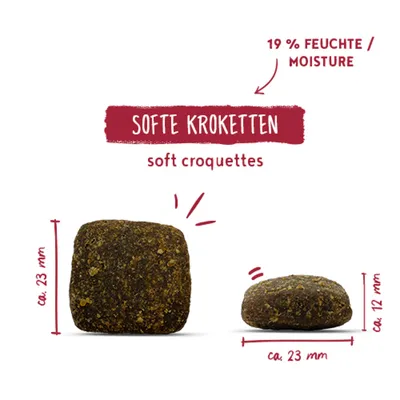 Softe Kroketten, ca. 23 mm Durchmesser, ca. 12 mm Höhe, 19% Feuchte. Text: soft croquettes. Softe Kroketten, ca. 23 mm Durchmesser, ca. 12 mm Höhe, 19% Feuchte. Text: soft croquettes.