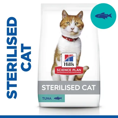 Hill's Science Plan Sterilised Cat macskaeledel csomagolás, tonhalas változat, feliratok: STERILISED CAT, TUNA, hal szimbólum látható.
