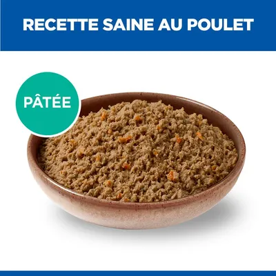 Barquette avec pâtée, texte en haut : Recette saine au poulet Barquette avec pâtée, texte en haut : Recette saine au poulet