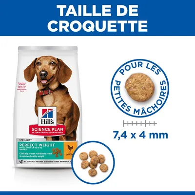 Hill's Science Plan Perfect Weight croquettes, taille des croquettes 7,4 x 4 mm, adaptées aux petites mâchoires, illustration des croquettes et de l'emballage visible.