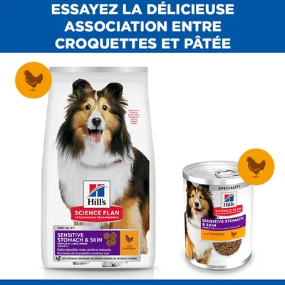 Hill's Science Plan Sensitive Stomach & Skin au poulet, croquettes et nourriture humide illustrées. Texte : Découvrez la délicieuse combinaison de croquettes et de nourriture humide.