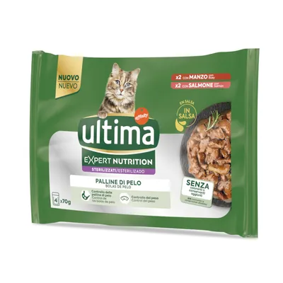 Ultima Expert Nutrition dla wysterylizowanych kotów, kontrola kul włosowych i wagi, bez sztucznych dodatków. Smaki: wołowina i łosoś w sosie. Opakowanie 4x70g.