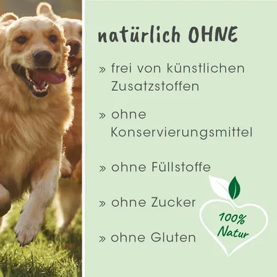 Natürlich ohne: frei von künstlichen Zusatzstoffen, ohne Konservierungsmittel, ohne Füllstoffe, ohne Zucker, ohne Gluten. 100% Natur.