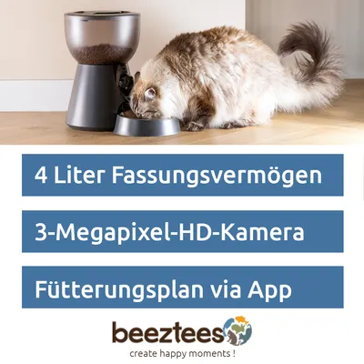 Beeztees Futterautomat mit 4 Liter Fassungsvermögen, 3-Megapixel-HD-Kamera und Fütterungsplan via App. Katze frisst aus dem Napf des Automaten.