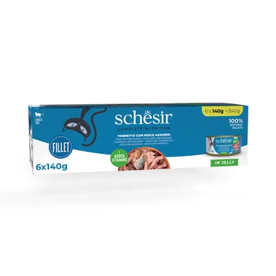 Schesir Complete Nutrition, риба тон с сардини в желе, 6x140g = 840g, 100% натурални филета, с добавени витамини. За възрастни котки.