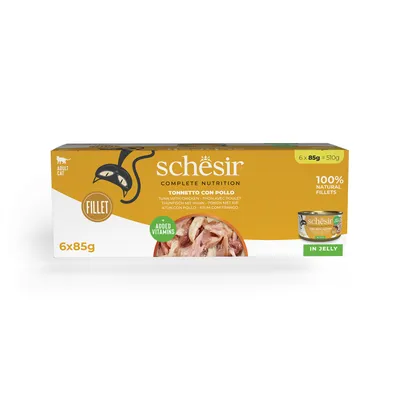 Schesir Complete Nutrition, риба тон с пиле, 6x85g, 100% натурални филета, в желе, с добавени витамини. За възрастни котки.