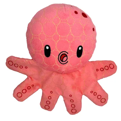 Rosa Plüschspielzeug in Form eines Oktopus mit gestickten Augen, Mund und kreisförmigen Mustern auf Kopf und Armen.