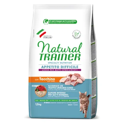 Natural Trainer Specialty Nutrition Appetito Difficile com peru, para gatos esterilizados. Ingredientes: origem natural, sem adição de açúcar. Peso: 1,5kg.