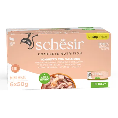Schesir Mini Meal за възрастни котки, риба тон с сьомга в желе, 6x50g = 300g, 100% натурални филета, с допълнителни витамини.