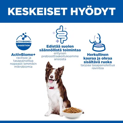 ActivBiome+, edistää säännöllistä suolen toimintaa erityisellä prebioottisekoituksella, maukas ruoka, jossa on kauraa ja ohraa tasapainoiseen ruokavalioon. ActivBiome+, edistää säännöllistä suolen toimintaa erityisellä prebioottisekoituksella, maukas ruoka, jossa on kauraa ja ohraa tasapainoiseen ruokavalioon.