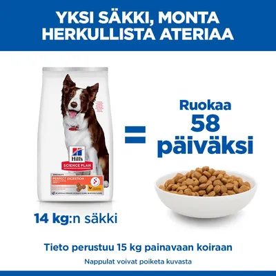 Hill's Science Plan Perfect Digestion, 14 kg:n säkki riittää 58 päivän ruoaksi 15 kg:n koiralle. Kuvassa näkyy ruokakuppi, jossa on kuivaruokaa. Hill's Science Plan Perfect Digestion, 14 kg:n säkki riittää 58 päivän ruoaksi 15 kg:n koiralle. Kuvassa näkyy ruokakuppi, jossa on kuivaruokaa.