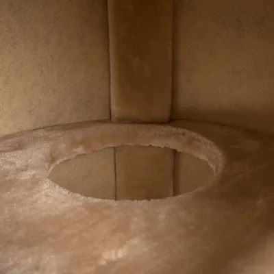 Close-up of a soft, beige platform with a circular hole in the centre, showing part of an interior structure, likely for pet climbing or resting.