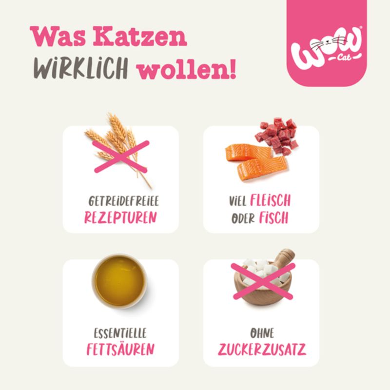 Was Katzen wirklich wollen: Getreidefreie Rezepturen, viel Fleisch oder Fisch, essentielle Fettsäuren, ohne Zuckerzusatz. WOW-Cat Logo sichtbar.