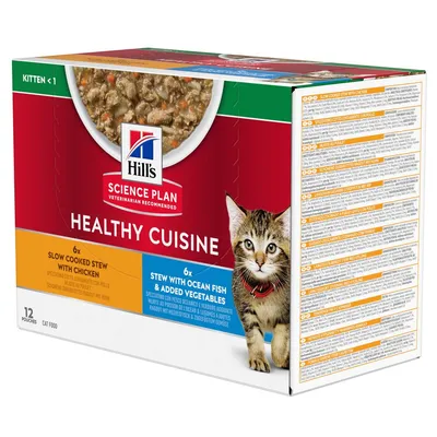 Hill's Science Plan Healthy Cuisine храна за котки, 12 пауча: 6x бавно готвено яхния с пиле, 6x яхния с морска риба и зеленчуци. За котенца под 1 година.