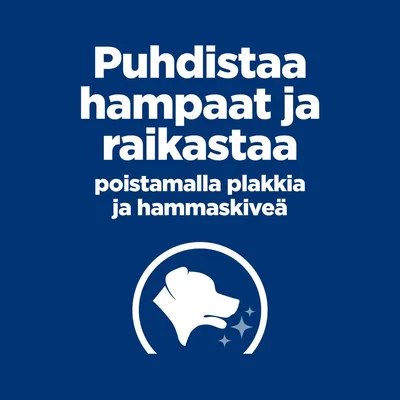 Puhdistaa hampaat ja raikastaa poistamalla plakkia ja hammaskiveä. Koiran pään symboli, jossa on kiiltäviä tähtiä. Puhdistaa hampaat ja raikastaa poistamalla plakkia ja hammaskiveä. Koiran pään symboli, jossa on kiiltäviä tähtiä.