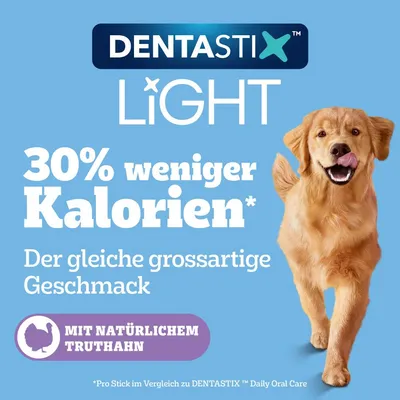 DENTASTIX Light, 30% weniger Kalorien, der gleiche grossartige Geschmack, mit natürlichem Truthahn.