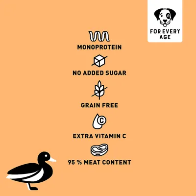 Texte en anglais : monoprotein, no added sugar, grain free, extra vitamin C, 95% meat content, for every age. Illustrations associées à chaque mention.