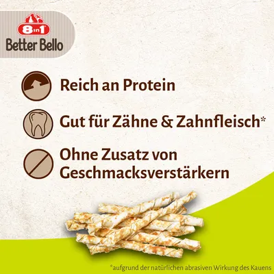8in1 Better Bello. Reich an Protein, gut für Zähne und Zahnfleisch, ohne Zusatz von Geschmacksverstärkern. Hinweis: natürliche abrasive Wirkung des Kauens.