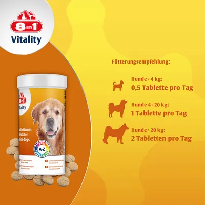 Fütterungsempfehlung: Hunde unter 4 kg: 0,5 Tablette pro Tag. Hunde 4-20 kg: 1 Tablette pro Tag. Hunde über 20 kg: 2 Tabletten pro Tag. Produkt: 8in1 Vitality Multivitamin für Hunde.