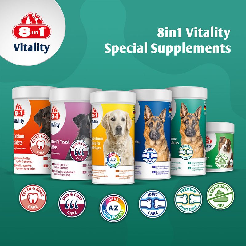 8in1 Vitality Nahrungsergänzungsmittel für Hunde. Produkte: Calcium Tablets, Brewer's Yeast Tablets, Multivitamin Tablets, Joint Care Premium und Behavioral Aid.