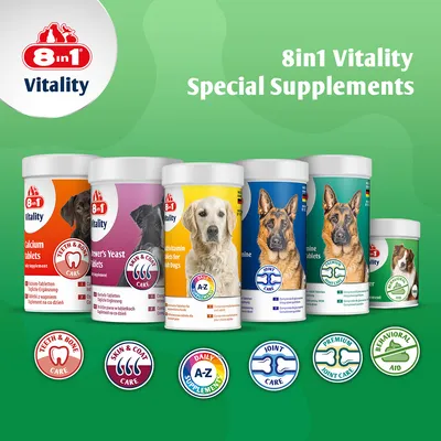 8in1 Vitality Nahrungsergänzungsmittel für Hunde. Produkte: Calcium Tablets, Brewer's Yeast Tablets, Multivitamin Tablets, Joint Care, Premium Joint Care, Behavioral Aid.